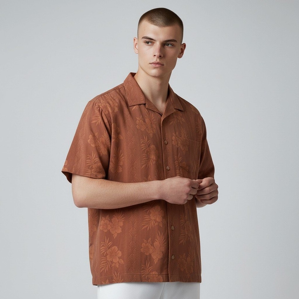 Tommy Bahama Silk Floral Jacquard Camp Shirt Medium Rust Orange